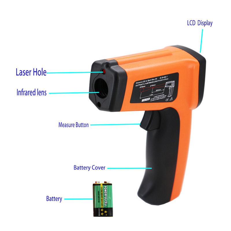 Pistol de temperatură Termometru cu infraroșu Instrument digital, handheld cu laser Sight cu afișaj precis