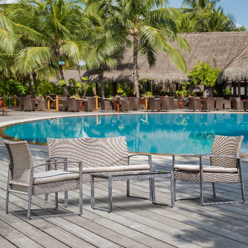 4 piese Set de conversații în aer liber Patio grădină piscină Peluză Rattan răchită canapea canapea Scaun amortizat și sticlă Set de mobilier de masă de cafea