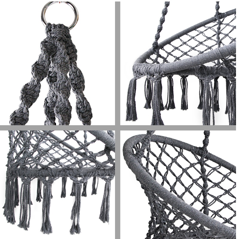 Macrame pentru scaun cu suspendare în interior și exterior, pentru copii sau adulți, 100% scaun cu hamac, portabil, din bumbac portabil, gri