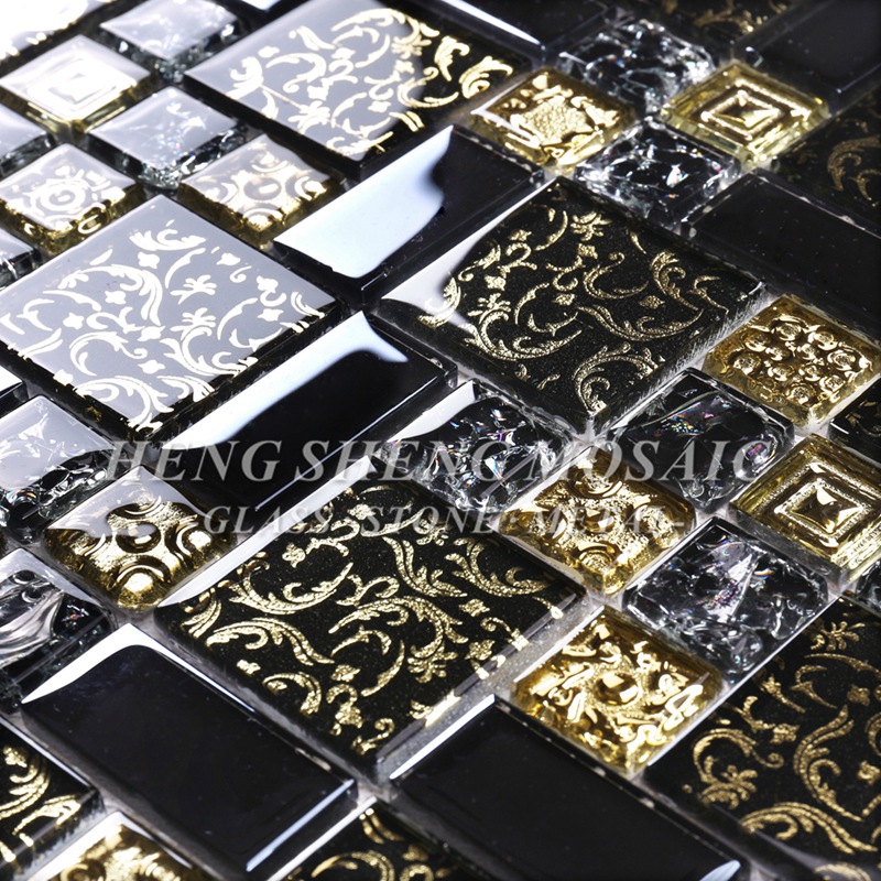 HDT02 Arabesque Design nou Linie de aur laminat Sticla Neagră Artă Floare Model Mozaic Placi pentru bucătărie Backsplash Perete
