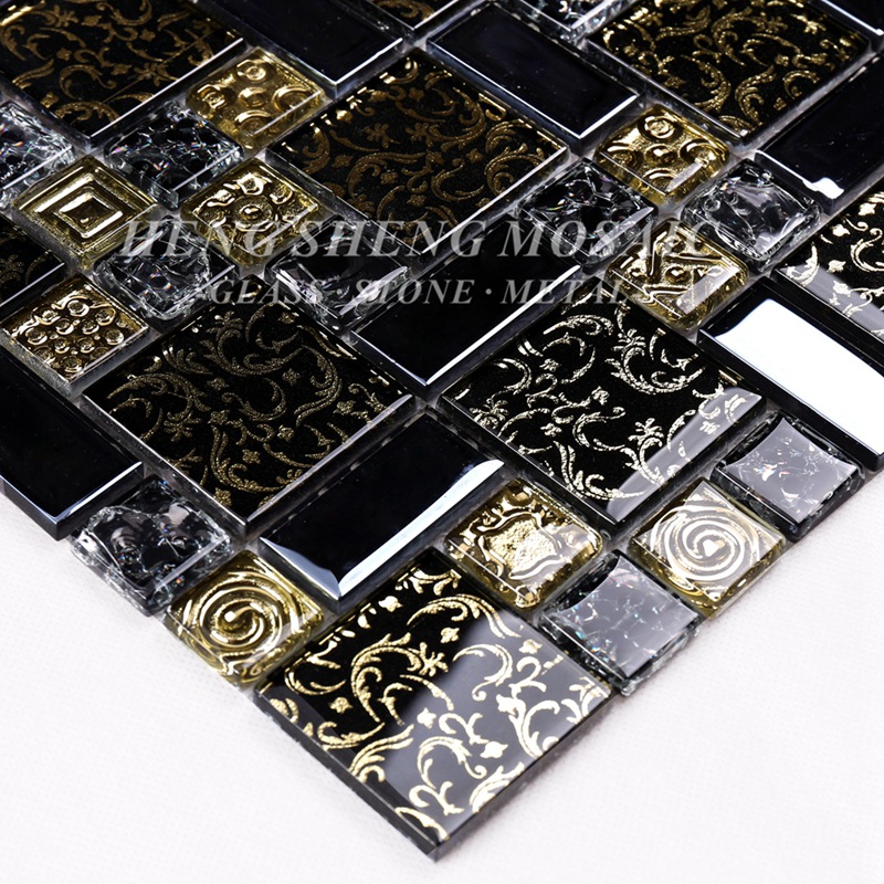 HDT02 Arabesque Design nou Linie de aur laminat Sticla Neagră Artă Floare Model Mozaic Placi pentru bucătărie Backsplash Perete