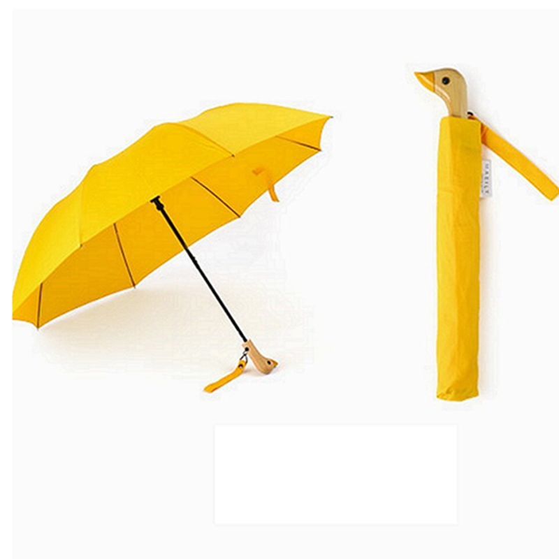2019 Cu deschidere automată din cârlig de mâner din lemn de rață galbenă 2 umbrelă pliabilă