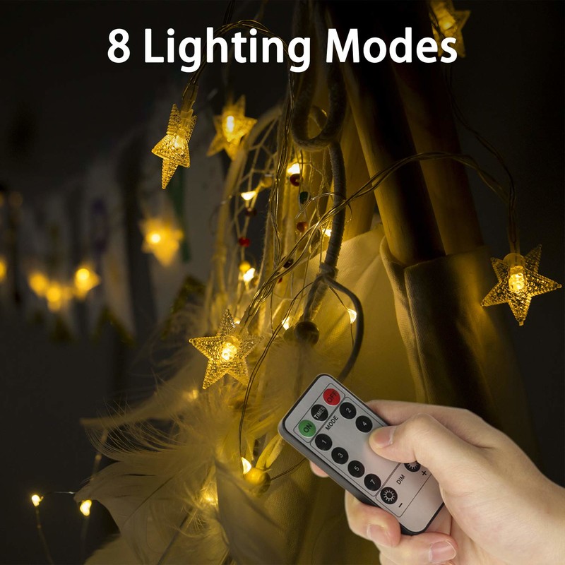 Luminile cu coarde, Rymbo 34ft Lumini interioare / exterioare în formă de stea LED Lumini strălucitoare albe și calde și adaptor la distanță
