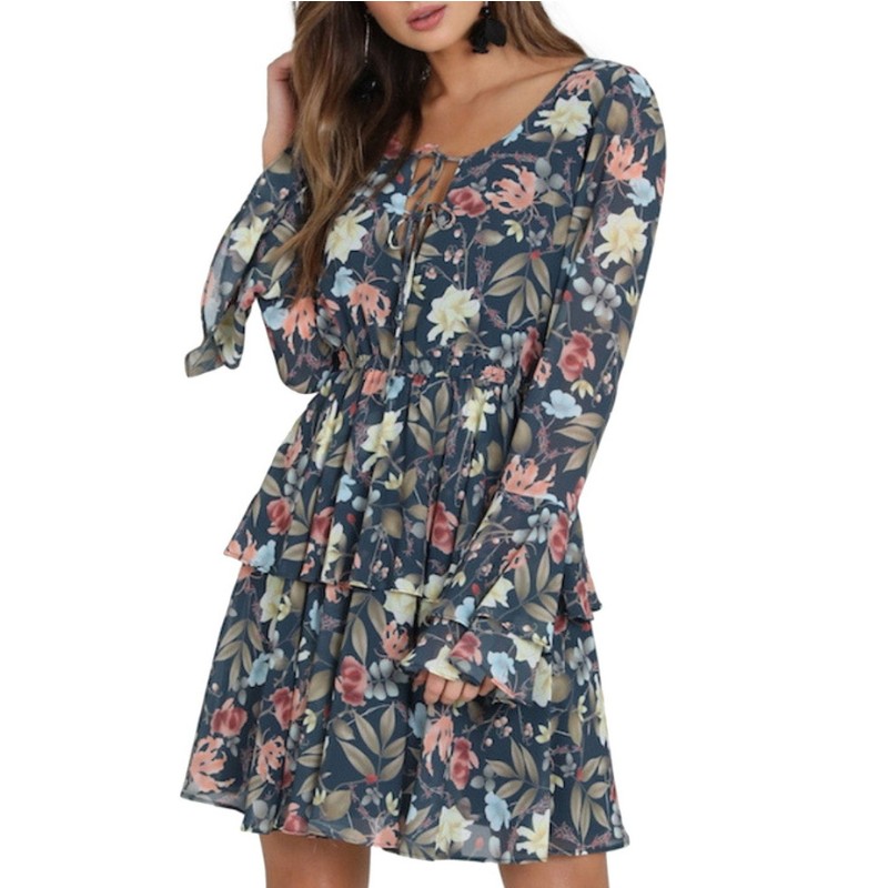 Mânecă clopoțelă pentru rochie mini cu imprimeu de modă pentru femei