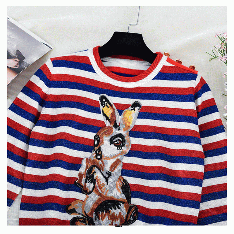 Pulover 100% bumbac Stripe Jacquard Rabbit Patch Knitwear Femei