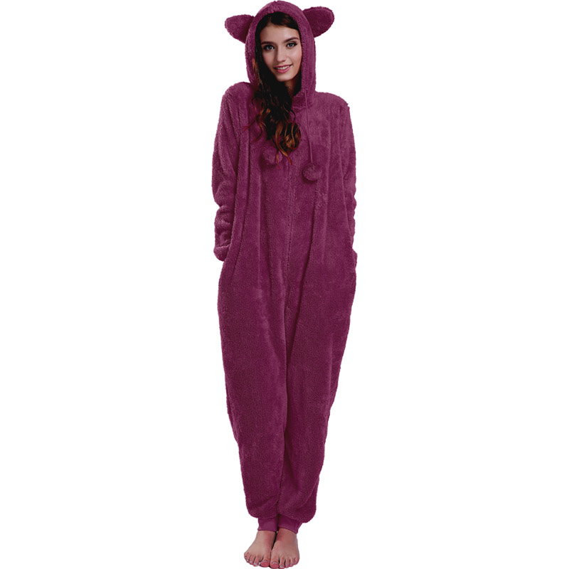 Femei pijamale roșii Onesie cu guler cu urechi de animale