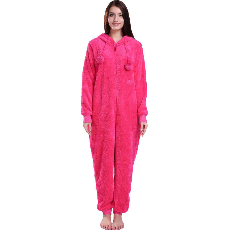 Femei Pijamale roz calde Onesie Hooded cu urechi de animale