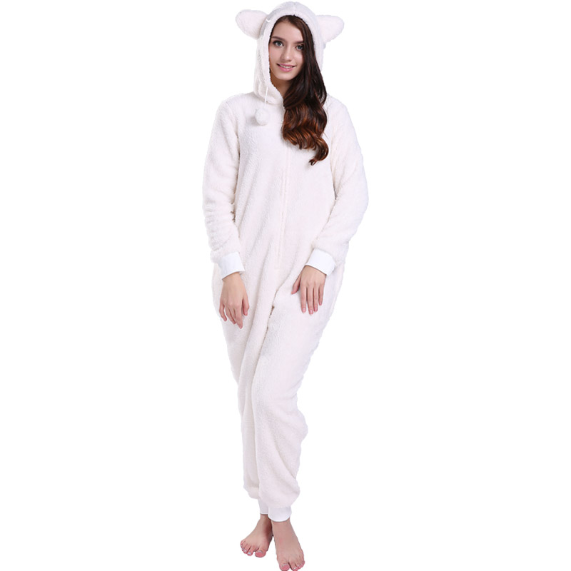 Femei Crema Onesie Pijama cu guler cu urechi de animale