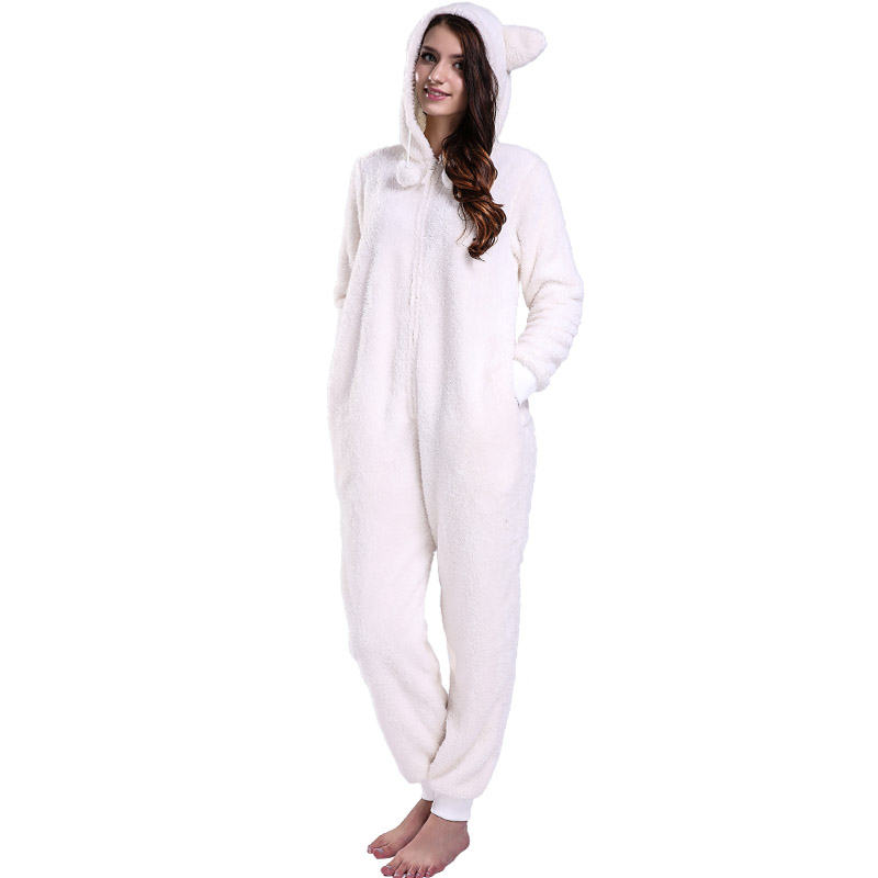 Femei Crema Onesie Pijama cu guler cu urechi de animale