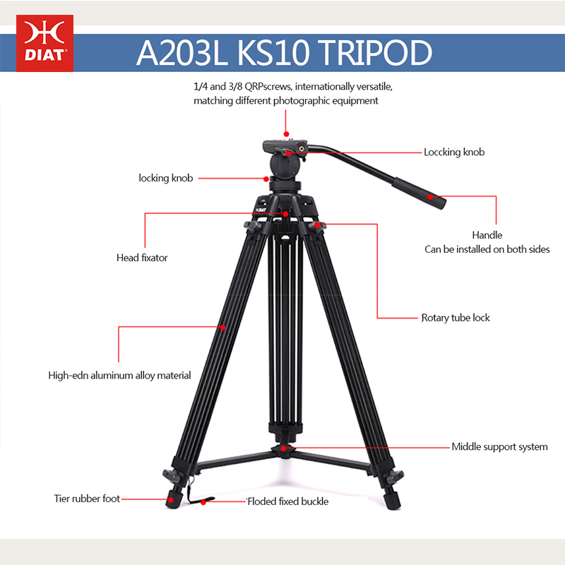 Diat A203L KS-10 Aliat de aluminiu digital Trepied video suport 1.8 metri înălțime 3 secțiuni