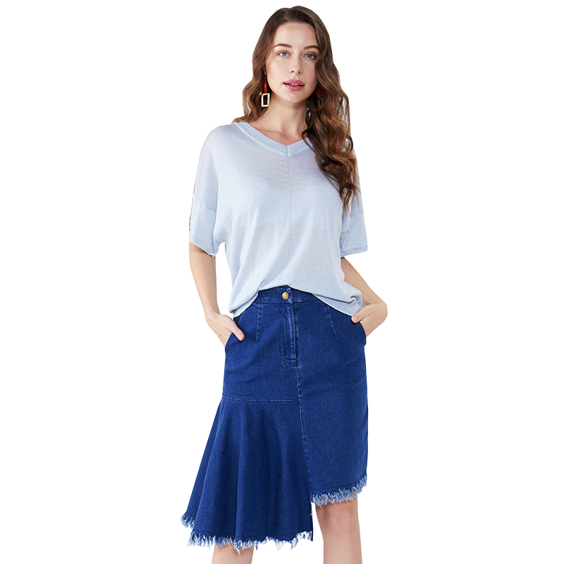 Fustă din denim patchwork albastru Asimetric Lungime genunchi Fustă jeană din denim JCGJ190315027