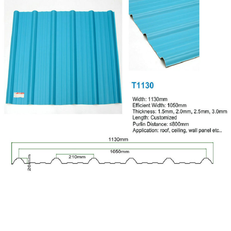 T1130 Albastru ASA PVC UPVC Tavă de acoperiș din trapez din plastic ondulat