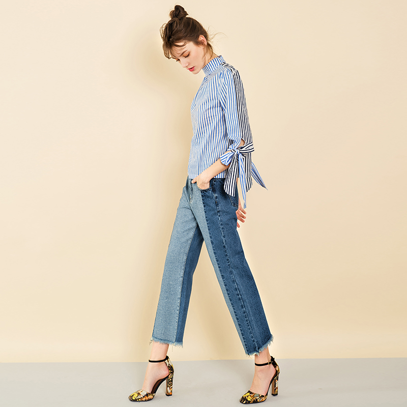 2019 New Arrival Fashion Rough Selvedge Hem Splicing Blue Denim Pantaloni Jeans Femei