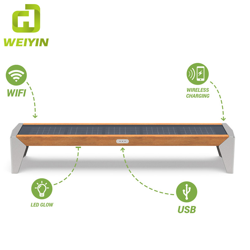 Băncă de fier pentru mobilier de grădină solară inteligentă, cu încărcare USB și acces WiFi