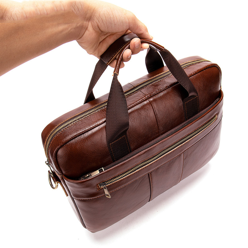 HD0827 - Tote din piele de vacă nebună pentru bărbați cu geantă de afaceri cu mâner
