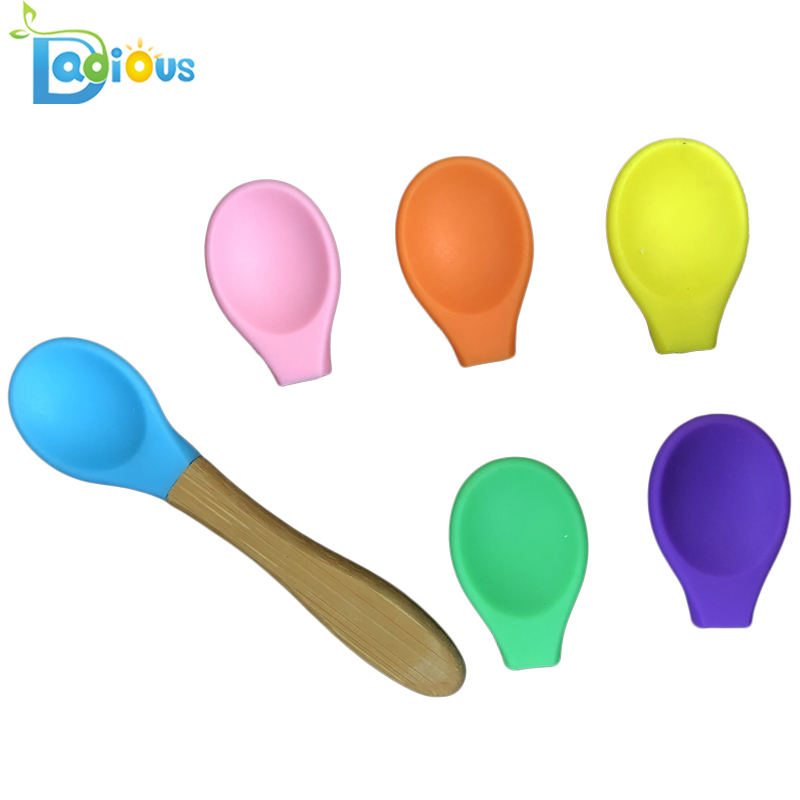 BPA Bamboo lingură de lingură de șampon de silicon FDA aprobat moale Sfat Baby Linguri OEM silicon Partea pentru lingura de bambus