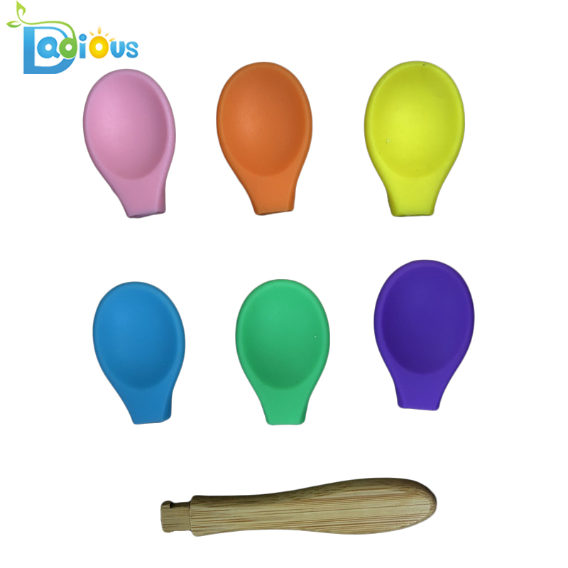 BPA Bamboo lingură de lingură de șampon de silicon FDA aprobat moale Sfat Baby Linguri OEM silicon Partea pentru lingura de bambus