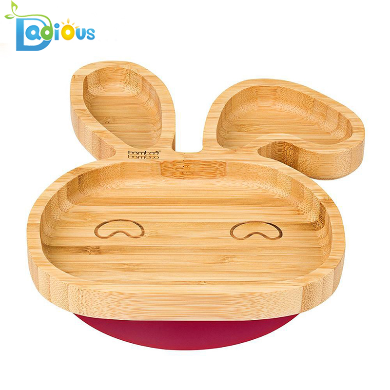 Pat pentru bebelusi Baby Rabbit Suction Plate FDA Approved Placa Baby Bamboo Placa ecologica pentru copii Toddler Plate with Spoon