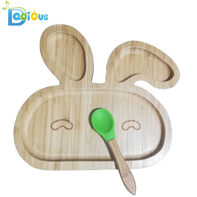 Pat pentru bebelusi Baby Rabbit Suction Plate FDA Approved Placa Baby Bamboo Placa ecologica pentru copii Toddler Plate with Spoon