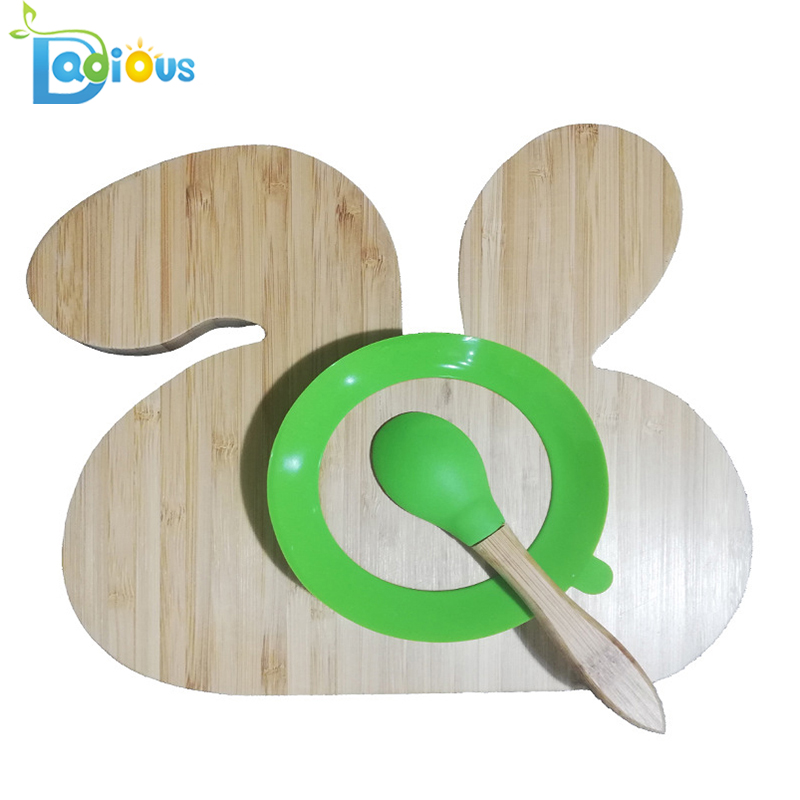 Pat pentru bebelusi Baby Rabbit Suction Plate FDA Approved Placa Baby Bamboo Placa ecologica pentru copii Toddler Plate with Spoon