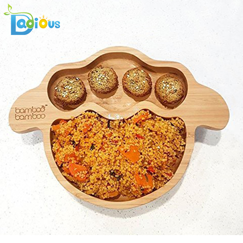 Cel mai nou design Vesela pentru bebelusi Placi de hrana pentru copii si lingurite Divided Stay Put Bamboo Plate de aspiratie