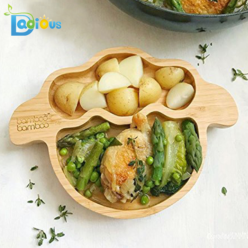 Cel mai nou design Vesela pentru bebelusi Placi de hrana pentru copii si lingurite Divided Stay Put Bamboo Plate de aspiratie