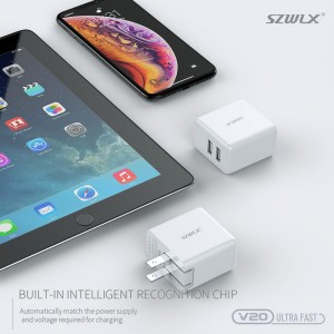 WEX V20 Încărcător dublu USB cu modul pliabil pentru iPhone X /8 /7 /6s /Plus, iPad Air 2 /mini 3, Galaxy S7 /S6 /S6 Edge, Note 5 și Mai mult, White