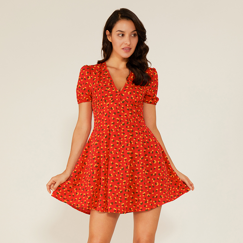 Femei sexy Deep V roșu leagăn roșu floral boho vintage rochie casual