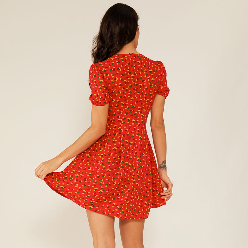 Femei sexy Deep V roșu leagăn roșu floral boho vintage rochie casual