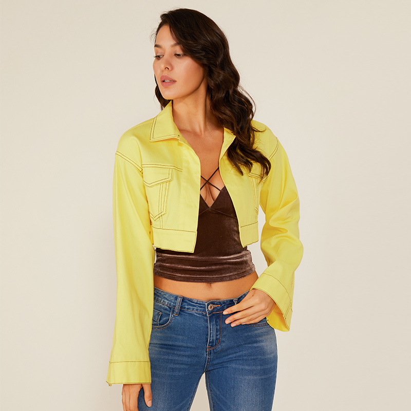 Femei Stil de moda de vara galben maneca lunga neon sexy jacheta scurta