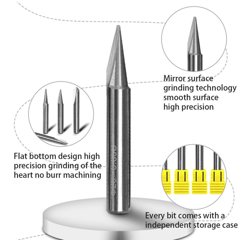 Bits de gravare, 2 flaute Drept CNC V-bit 1/4 inch Marking Shank Instrument de conector gravare conică pentru oțel din aluminiu MDF MDF