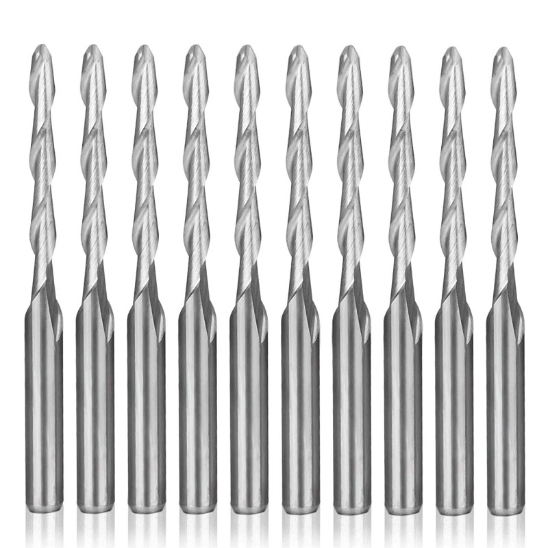 Bit de router CNC 1/8 ”Moară de cap cu bile de coajă cu diametru de 2 mm. Cutie de frezare în spirală cu două flaușe Gravură Gravură Set de instrumente de sculptură Oțel de wolfram 17mm CEL, 38.5mm OAL pentru MDF Acrilic PVC PVC