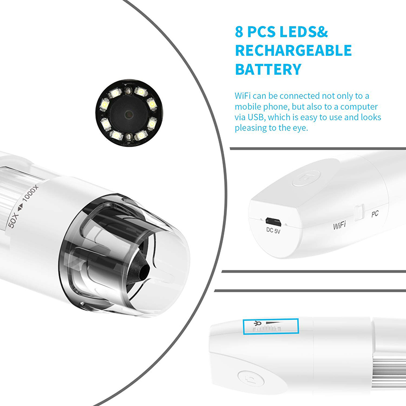 Microscop WiFi 50X până la 1000X Microscop digital fără fir, suport de observare a brațului flexibil cu cameră LED 1080P HD 2.0 MP 8, Mini microscop portabil pentru PC-ul Android iOS