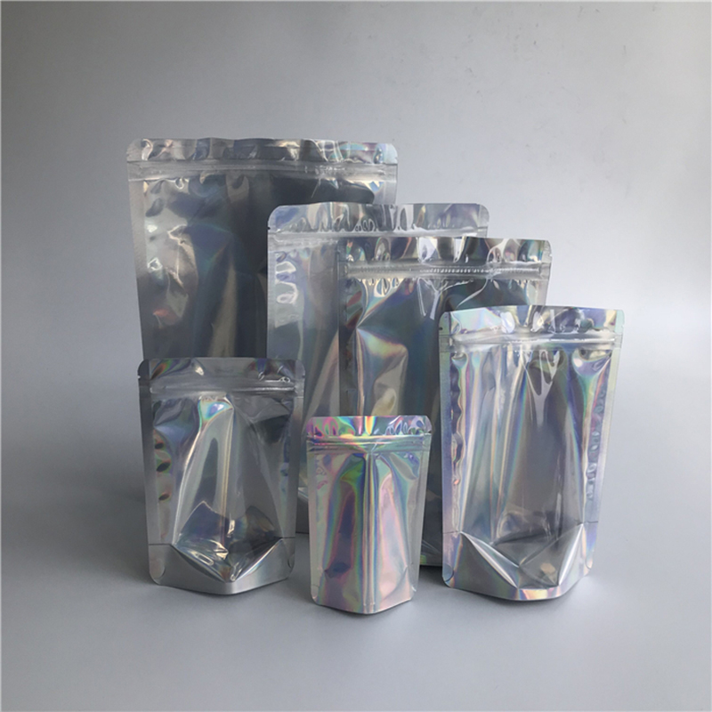 Pungi de hârtie holografice frontale transparente, reasigilabile, cu ridicata, pungi cu fermoar cosmetice din plastic laminat Ambalare în stoc