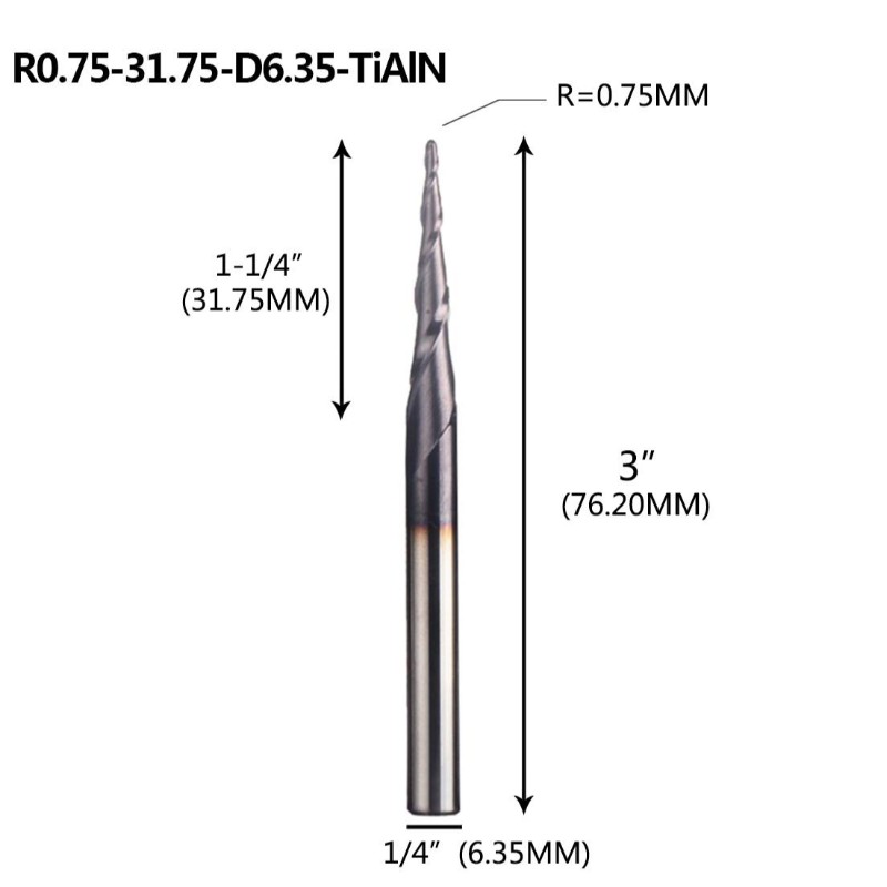 Moara de capăt conic cu bile de 1/4 X 3 inci cu nas de bilă de 0,75 mm 4,36 grade pentru mașini de gravat cu mașini CNC