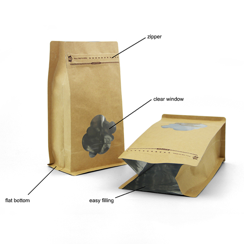 personalizat pătrat bloc plat partea inferioară de bază kraft hârtie gusset geantă din plastic cu fermoar forma cutie pungă fund plat sac de ambalare