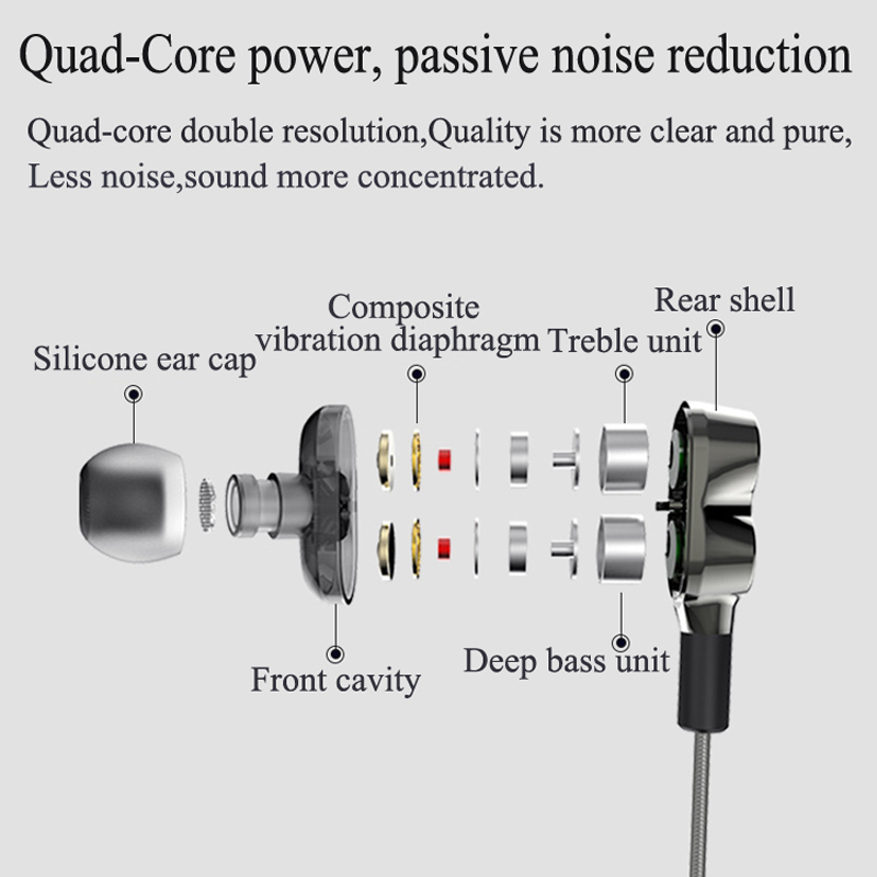 Dual Driver de înaltă calitate Stereo Bass Bass în ureche HiFi cu fir Earbud