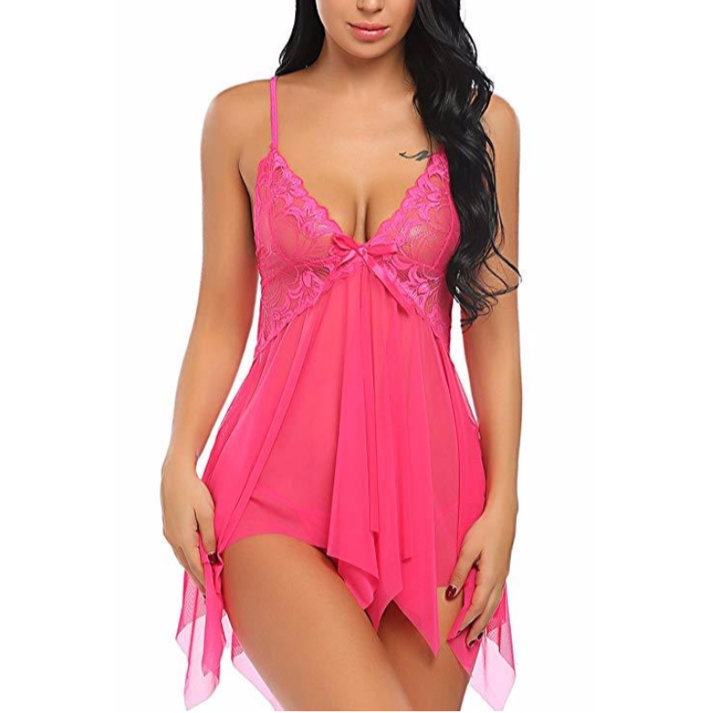 Femei Lenjerie sexy Dantelă Babydoll V Gât îmbrăcăminte de dormit curea Chemise în mai multe culori rose-team