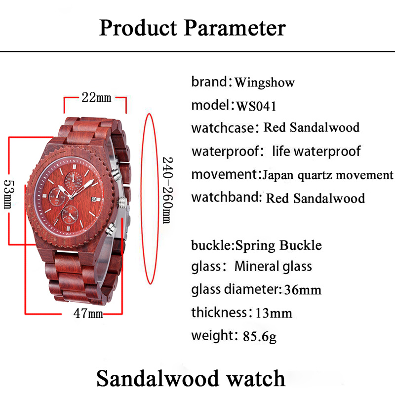 Ceas impermeabil din lemn de santal roșu cu ceasuri de cuarț pentru afișare date