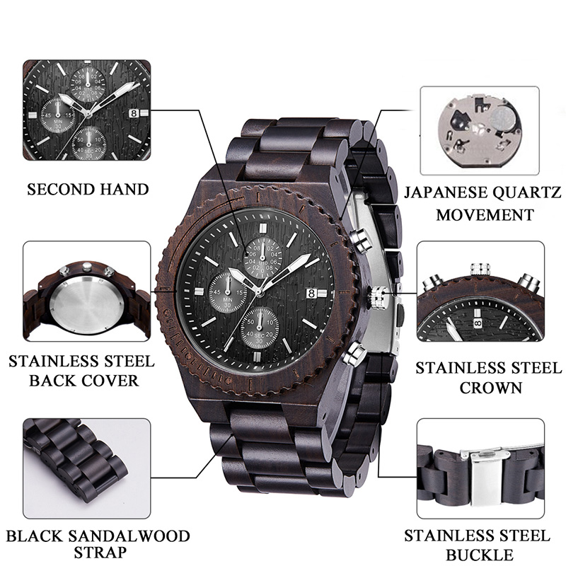 Ceas din lemn Cronograf pentru bărbați Negru multifuncțional Ceas din lemn natural ecologic