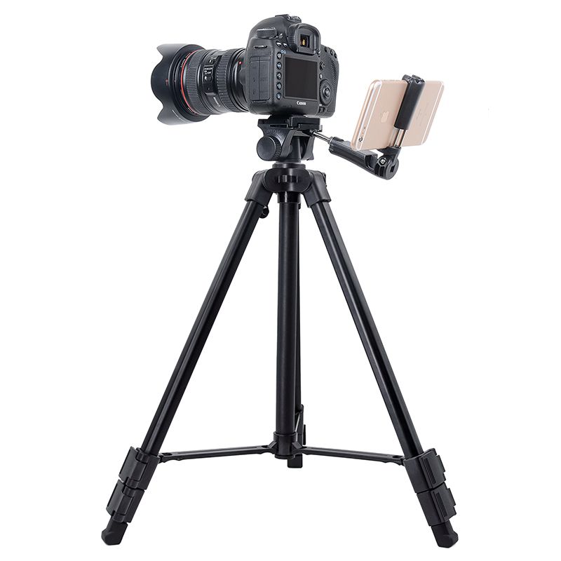 Kingjoy VT-930 Stand portabil pentru trepied pentru camera foto din aluminiu DSLR, cu cap de înclinare a panului, agrafe pentru telefon, geantă
