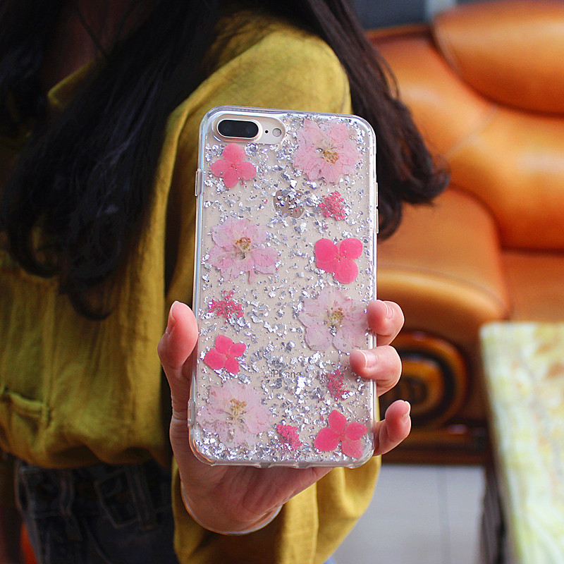 Carcasă de telefon mobil TPU + PC glittery drop cu flori interioare realizate manual pentru iPhone 6 Plus / 7 Plus / 8 Plus