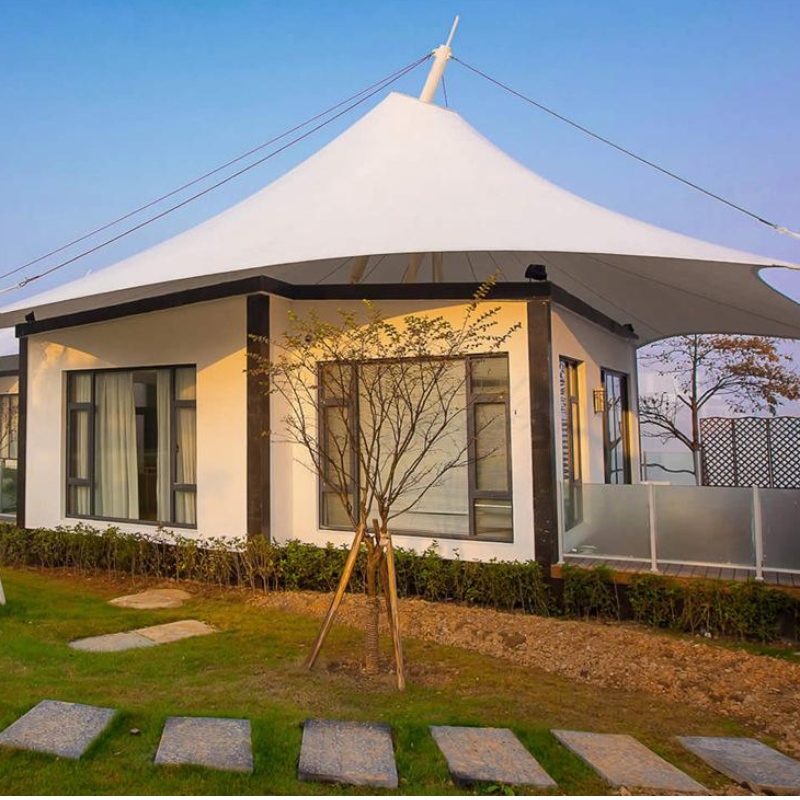 Vânzare fierbinte Case prefabricate PVDF / PTFE Material textil Tabără de sticlă Perete hotel Hotel Corturi glamping pentru Jungle Resort