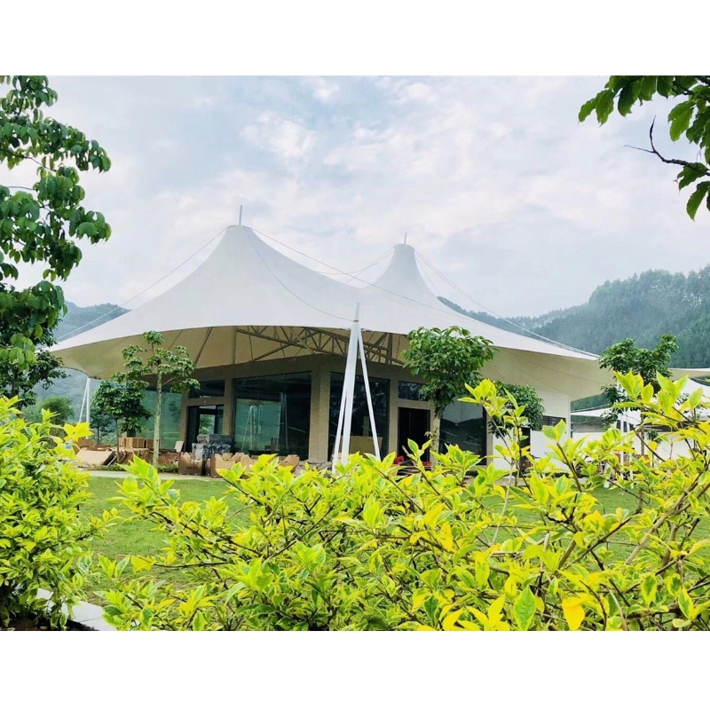 Vânzare fierbinte Case prefabricate PVDF / PTFE Material textil Tabără de sticlă Perete hotel Hotel Corturi glamping pentru Jungle Resort