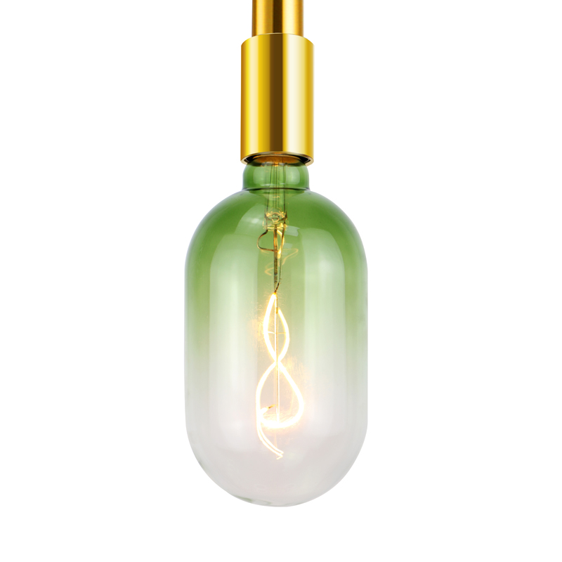 Rezervor albastru cu cafea de 60 până la 350 lumeni, decorat cu bec de filament galben spiralat cu dimensiuni mari
