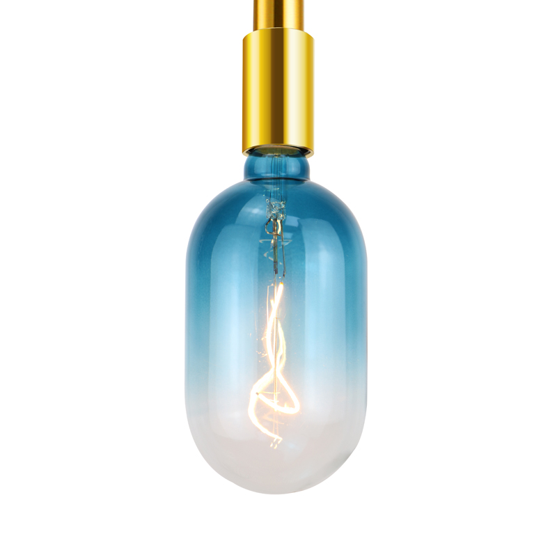 Rezervor albastru cu cafea de 60 până la 350 lumeni, decorat cu bec de filament galben spiralat cu dimensiuni mari