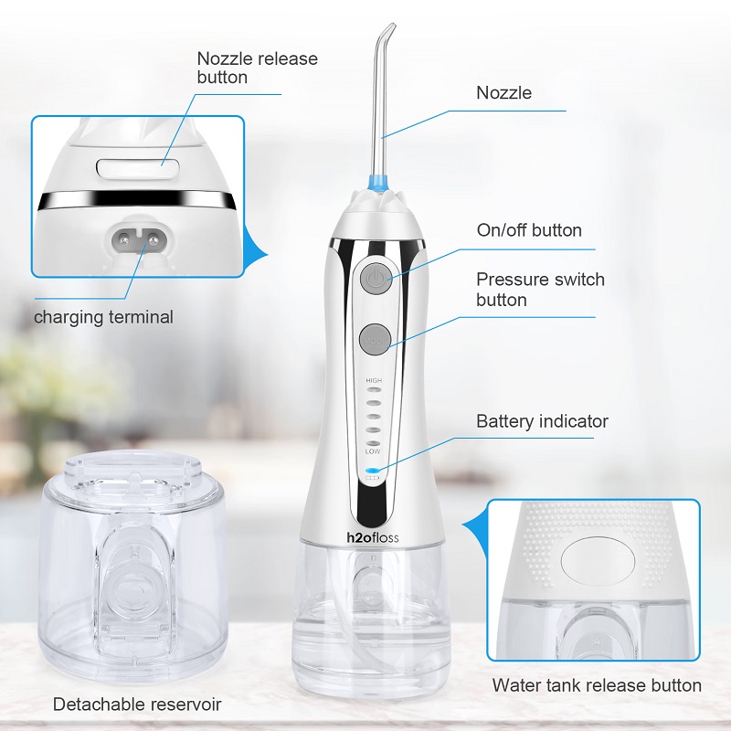 H2ofloss Water Flosser Profesional Irrigator oral dentar fără fir - Portabil și reîncărcabil IPX7 Cu apă impermeabilă pentru curățarea dinților, rezervor de acasă de 300 ml și călătorie (HF-2)