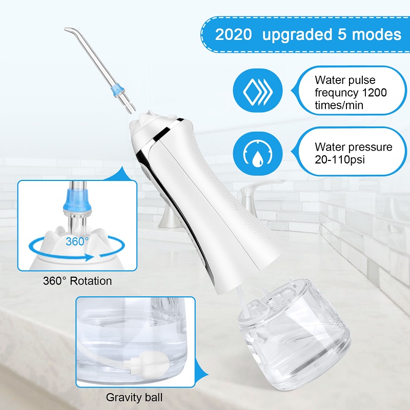 H2ofloss Water Flosser Profesional Irrigator oral dentar fără fir - Portabil și reîncărcabil IPX7 Cu apă impermeabilă pentru curățarea dinților, rezervor de acasă de 300 ml și călătorie (HF-2)