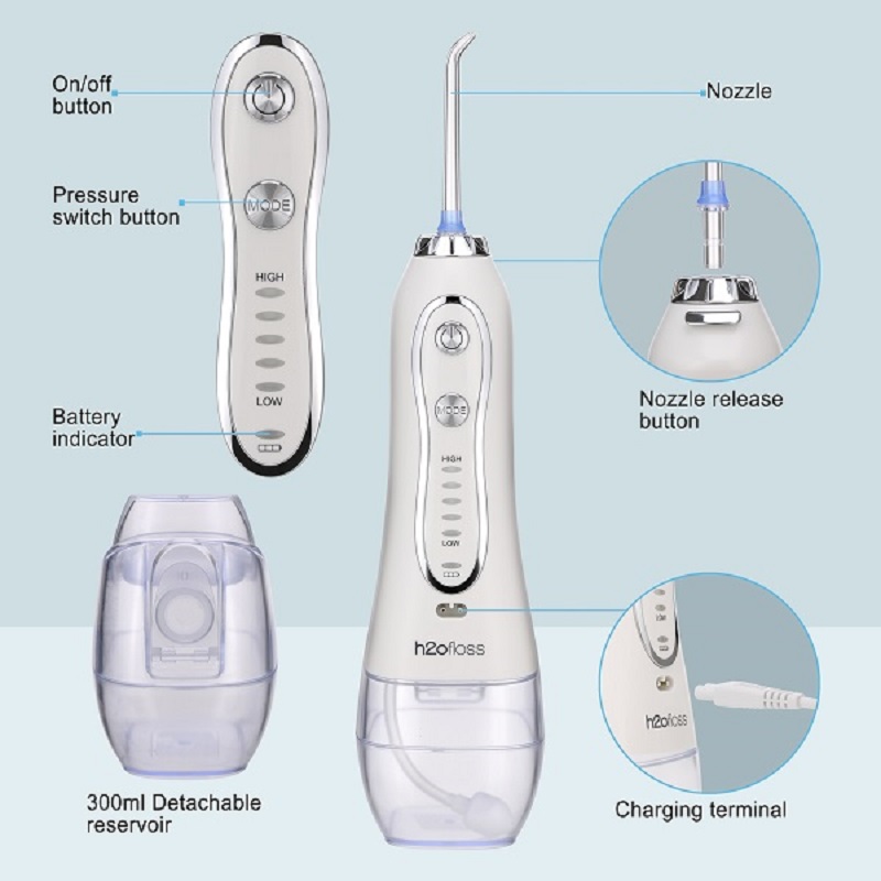 H2ofloss Water Flosser Profesional Irrigator oral dentar fără fir - Portabil și reîncărcabil IPX7 Cu apă impermeabilă pentru curățarea dinților, rezervor de acasă de 300 ml și călătorie (HF-6)