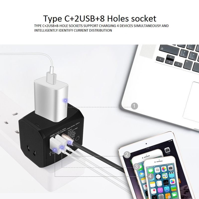 Nou adaptor personalizat de călătorie universal inteligent RRTRAVEL cu priză de încărcare a încărcătorului rapid USB pentru Regatul Unit al SUA Australiei